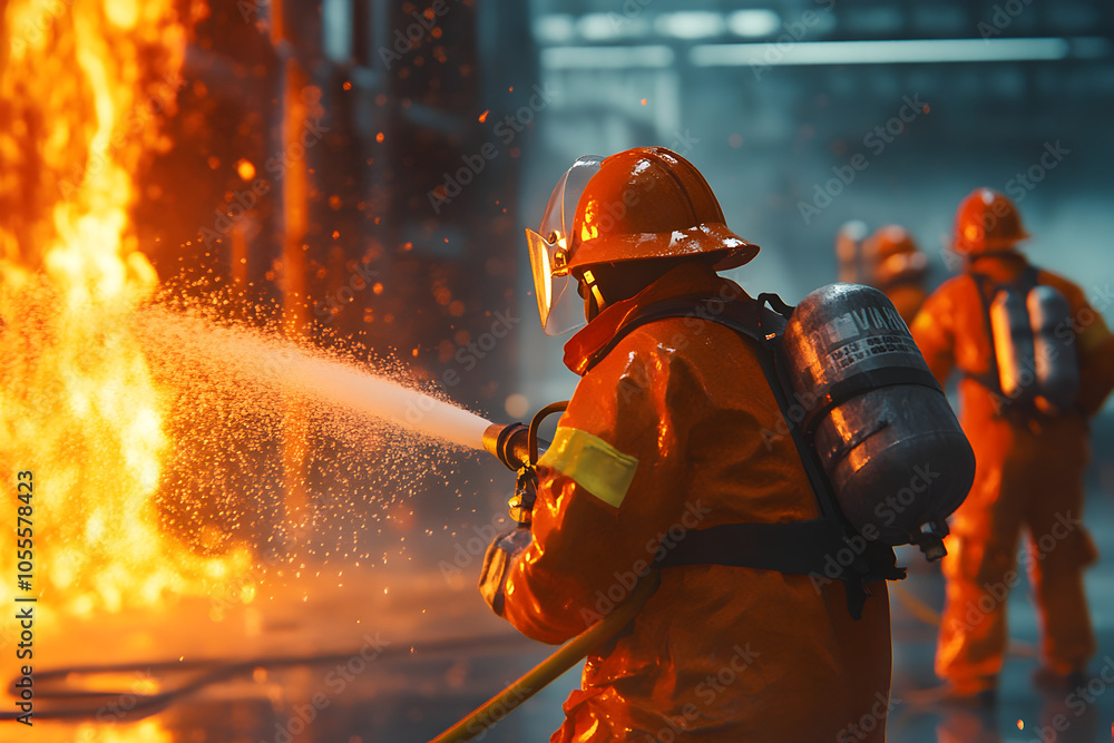 Firefighters wearing orange uniforms are fighting a burning fire with all their might, using special chemicals to control the fire. Firefighters wearing orange uniforms are fighting a burning fire with all their might, using special chemicals to control the fire.