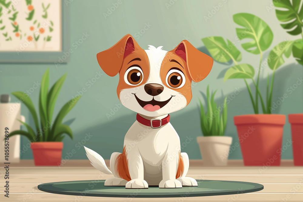 Fototapeta premium Happy cartoon dog sitting on floor in room with plants.