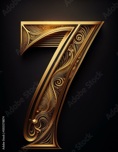 seven 7 number gold digital illustration on black background isolated design  art decorated aesthetic art nouveau style