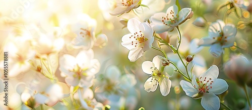 Soft sunlight illuminates white pastel flowers creating a romantic copy space image with blurred botanical background in a beautiful spring garden setting