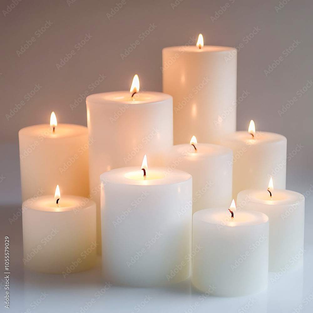 A set of pillar candles with flames gently flickering, isolated on a white background, creating a warm and peaceful ambiance.
A set of pillar candles with flames gently flickering, isolated on a white background, creating a warm and peaceful ambiance.