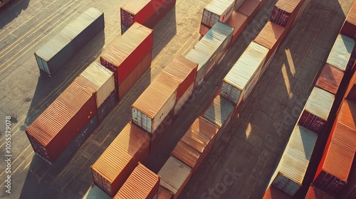 Aerial view of container yard with shipping containers of different sizes, logistics