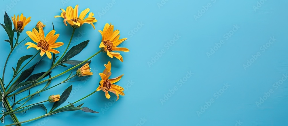 Arnica flowers frame on a blue backdrop with a copy space image Arnica flowers frame on a blue backdrop with a copy space image