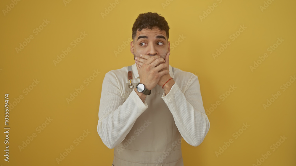 Shocked young hispanic man with a beard, wearing a white sweater, covers his mouth against a yellow background. Shocked young hispanic man with a beard, wearing a white sweater, covers his mouth against a yellow background.