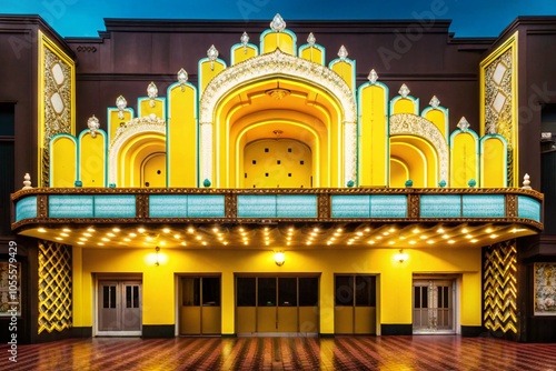 An old theater with restored Art Deco features, gleaming with intricate patterns and neon signs.
