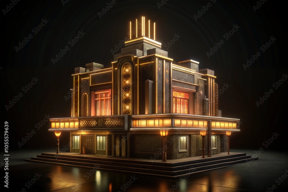 An old theater with restored Art Deco features, gleaming with intricate patterns and neon signs.