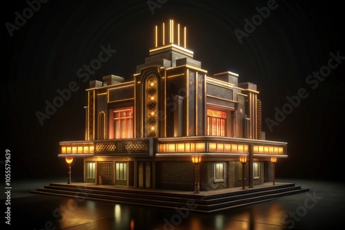 Obraz na płótnie An old theater with restored Art Deco features, gleaming with intricate patterns and neon signs.
w salonie