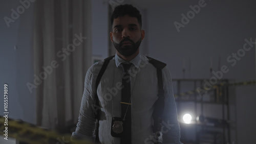 Hispanic detective with beard in dark apartment crime scene photo