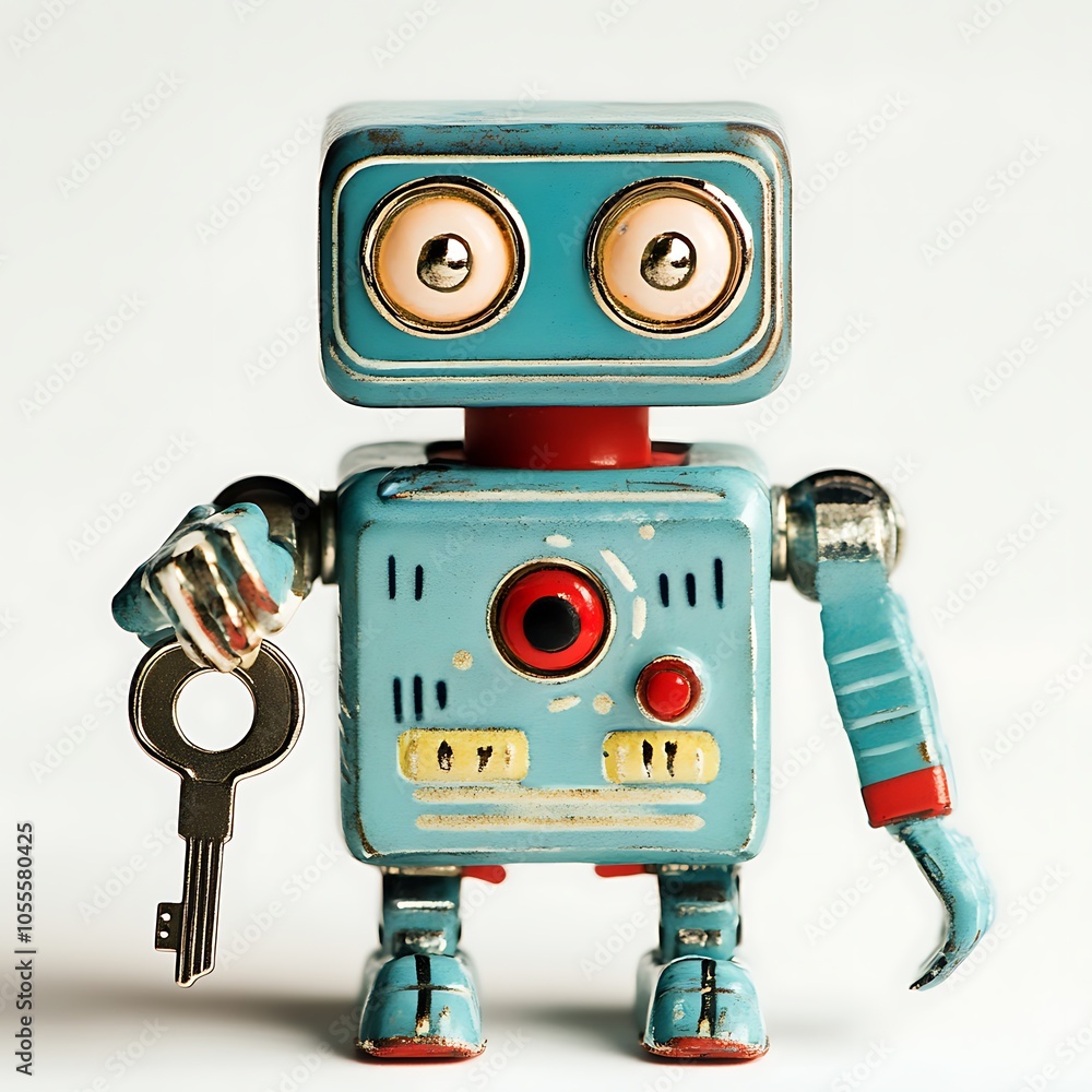 Fototapeta premium Cartoon wind-up toy robot with a key in its back on a white background.