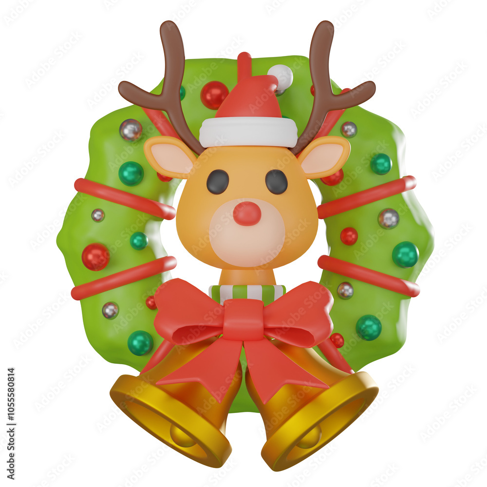 Naklejka premium 3D Render Adorable Reindeer on Christmas Wreath with Bells Gold Icon for Seasonal Themes.