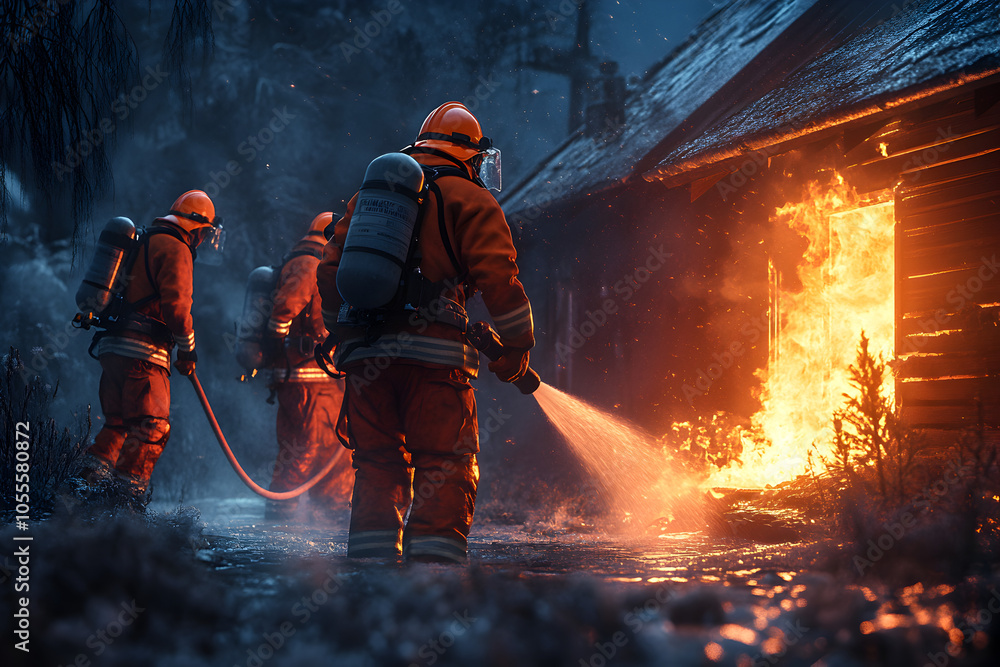 Firefighters wearing orange uniforms are fighting a burning fire with all their might, using special chemicals to control the fire.