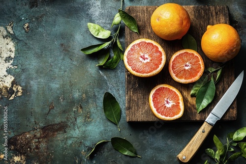 An enticing still life composition featuring a cutting board with halved grapefruits, and scattered citrus leaves, all set on a rustic kitchen countertop, natural textures and vibrant colors.