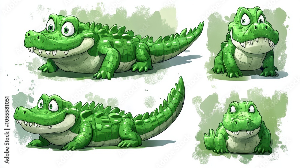 Green cartoon crocodiles in different poses. Green cartoon crocodiles in different poses.