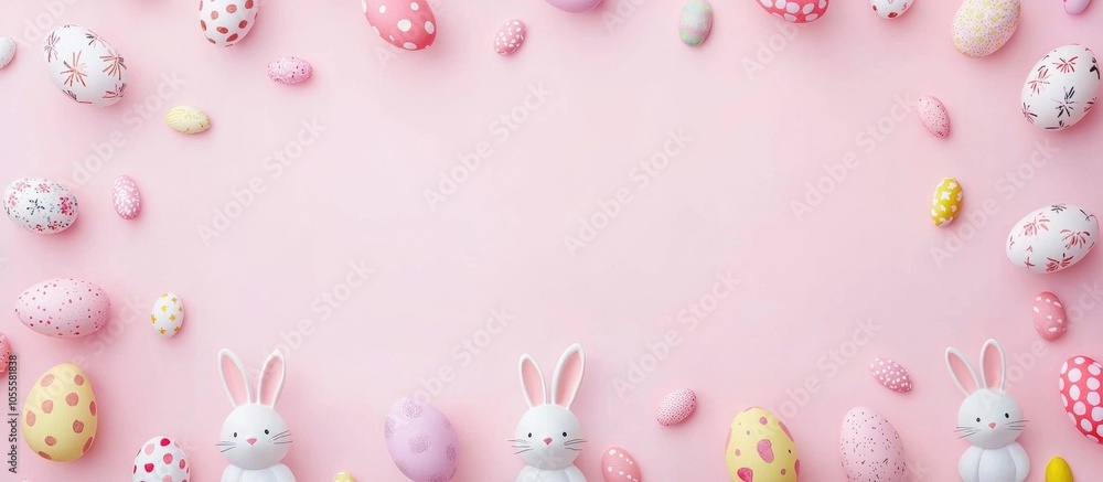 Cute Little Easter Bunnys With Eggs On A Pink Backgroundeaster Colorful Flat Lay With Eggs Group And Bunny Egg Frame On Rose Background Copy Space Top View Cute Little Easter Bunnys With Eggs On A Pink Backgroundeaster Colorful Flat Lay With Eggs Group And Bunny Egg Frame On Rose Background Copy Space Top View