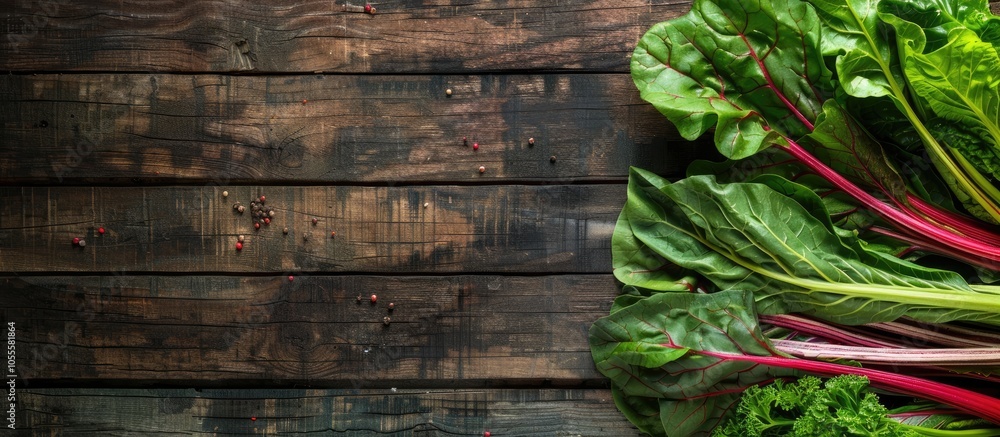 Top view of stem vegetables such as chard and beta vulgaris set on an herb stalk on a wooden background with horizontal layout and ample copy space image Top view of stem vegetables such as chard and beta vulgaris set on an herb stalk on a wooden background with horizontal layout and ample copy space image