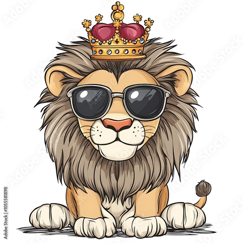 Cartoon lion wearing a crown and sunglasses on a white background. photo