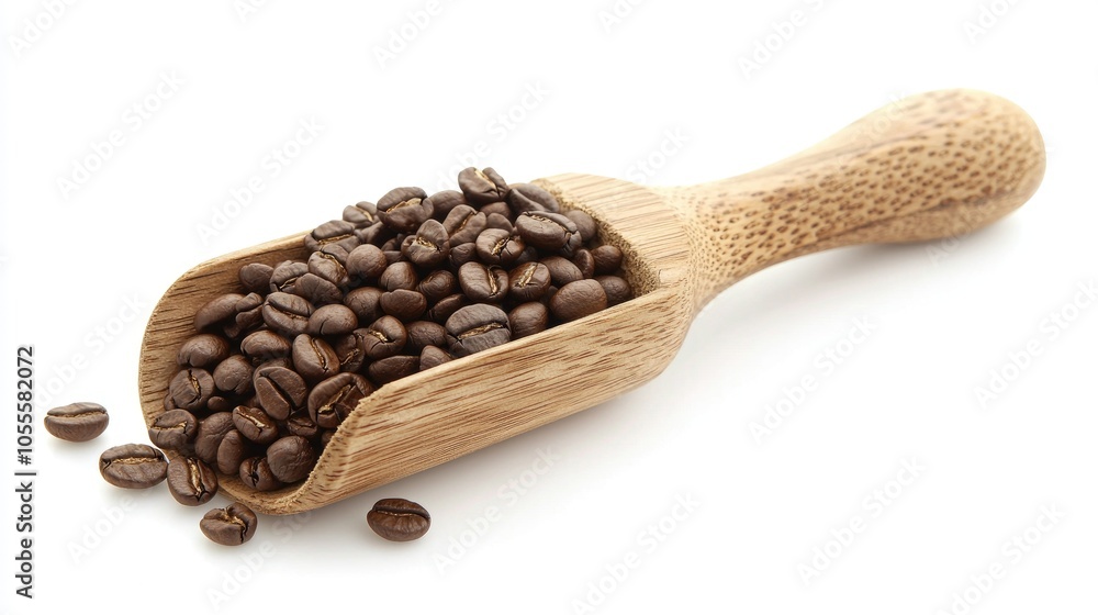 Obraz premium Coffee Beans In Wooden Measuring Scoop Isolated On White Background