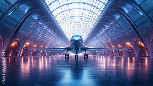 Photo of a super futuristic starship aircraft airport, hypermodern, Cinematic, Photoshoot, Shot on 75mm lens, Depth of Field, DOF, Tilt Blur, AI Generative photo