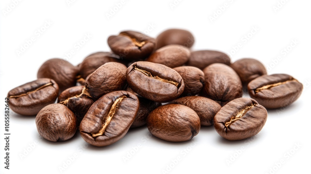 Espresso coffee beans in closeup on a white background for a vibrant morning boost Espresso coffee beans in closeup on a white background for a vibrant morning boost