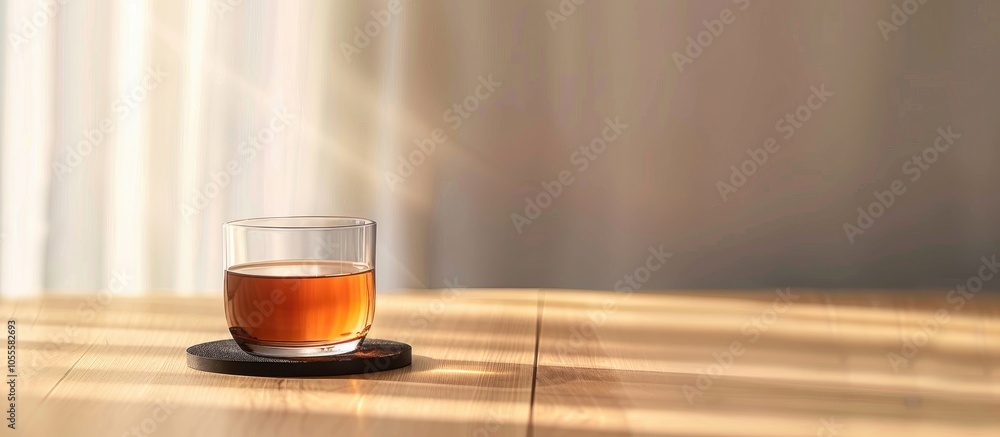 An Empty Glass Of Tea On A Black Coaster With Wooden Light Brown Table Background An Empty Glass Of Tea On A Black Coaster With Wooden Light Brown Table Background