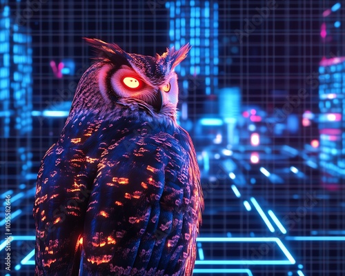 A futuristic owl with glowing eyes stands against a neon city backdrop. photo