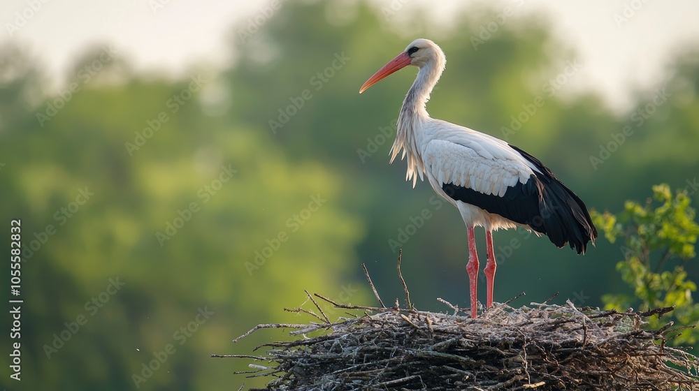Fototapeta premium White Stork On The Nest Ciconia Ciconia