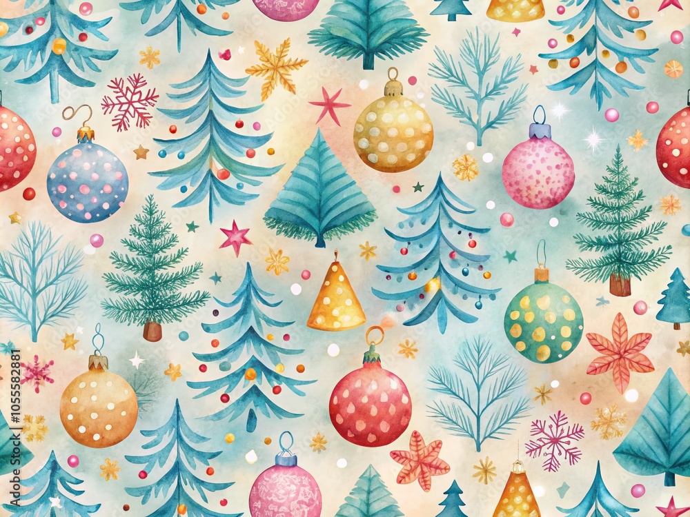 Watercolor Hand Drawn Christmas Pattern with Winter Elements for Festive Decor Watercolor Hand Drawn Christmas Pattern with Winter Elements for Festive Decor