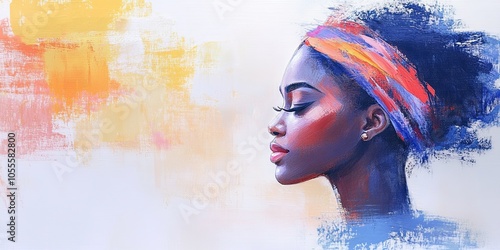 A vibrant portrait of an African woman in an elegant profile. The colorful painting showcases the artistry with vivid brushstrokes. This feminine artwork offers beauty and elegance, ideal for modern