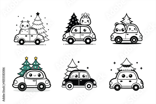 Vector illustration Christmas car Merry image gifts Christmas tree