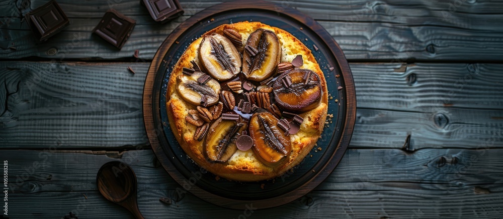 A delectable banana sponge cake enriched with nuts and chocolate drops ideal as a sweet treat for tea time Displayed from a top down perspective on a wooden surface creating room for additional eleme A delectable banana sponge cake enriched with nuts and chocolate drops ideal as a sweet treat for tea time Displayed from a top down perspective on a wooden surface creating room for additional eleme