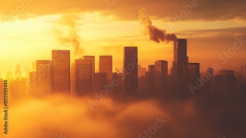 Skyline shrouded in golden morning fog featuring building silhouettes and ascending smoke