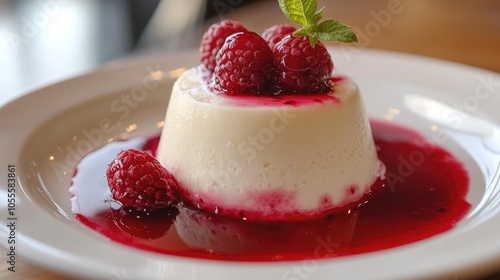 Creamy panna cotta topped with a rich raspberry sauce photo