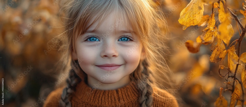 Little Girl With Blue Eyes In Autumn In The Park Smiling Little Girl With Blue Eyes In Autumn In The Park Smiling