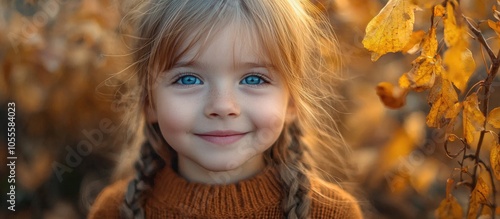 Little Girl With Blue Eyes In Autumn In The Park Smiling