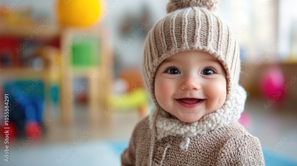 Adorable baby smiling while wearing a cozy wool cap in a playful kindergarten setting Adorable baby smiling while wearing a cozy wool cap in a playful kindergarten setting