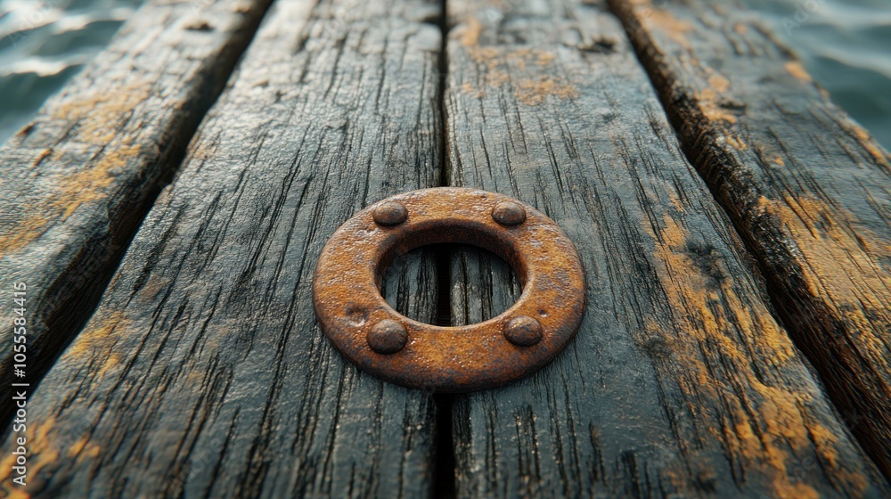 A Rusty Metal Ring Embedded in Weathered Wooden Planks A Rusty Metal Ring Embedded in Weathered Wooden Planks