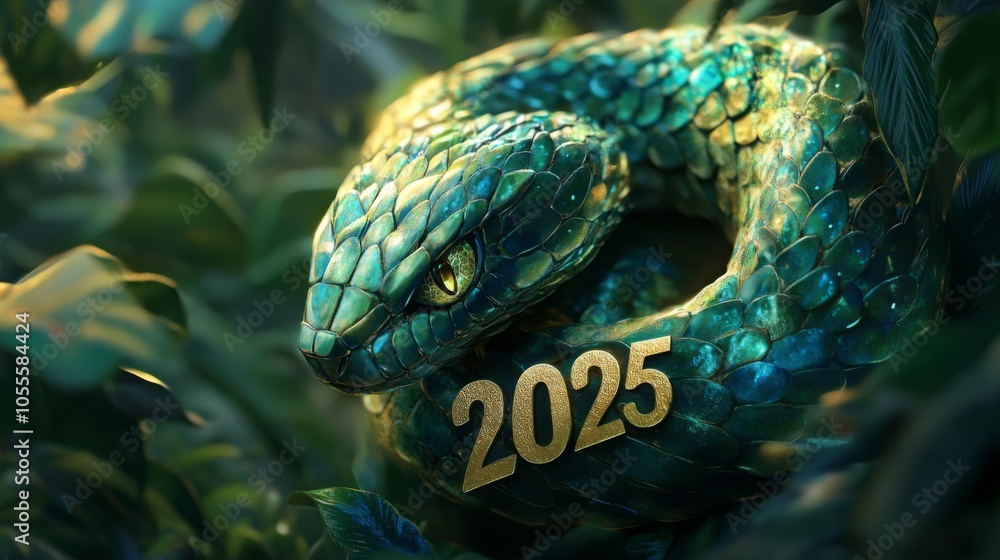 Obraz premium A close-up of a green snake with a bright yellow eye. The snake is coiled around a gold number 2025, which is visible on the right side of the image. The snake is in a lush, green environment.
