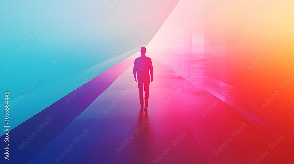 Glowing Arrow-Shaped Path Guiding a Solitary Figure Forward Glowing Arrow-Shaped Path Guiding a Solitary Figure Forward