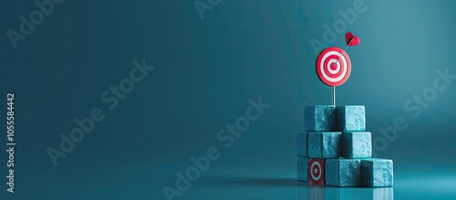 Aiming for progress through goal setting reaching new heights Symbols representing targets on stacked cubes against a blue backdrop with a copy space image