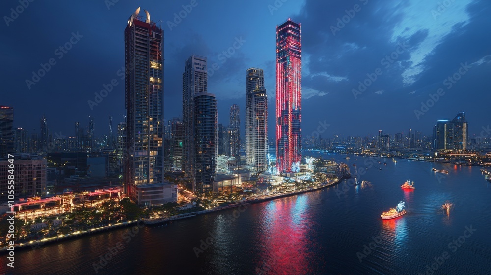 Fototapeta premium A vibrant city skyline illuminated with colorful lights under a starry night sky, showcasing urban life.