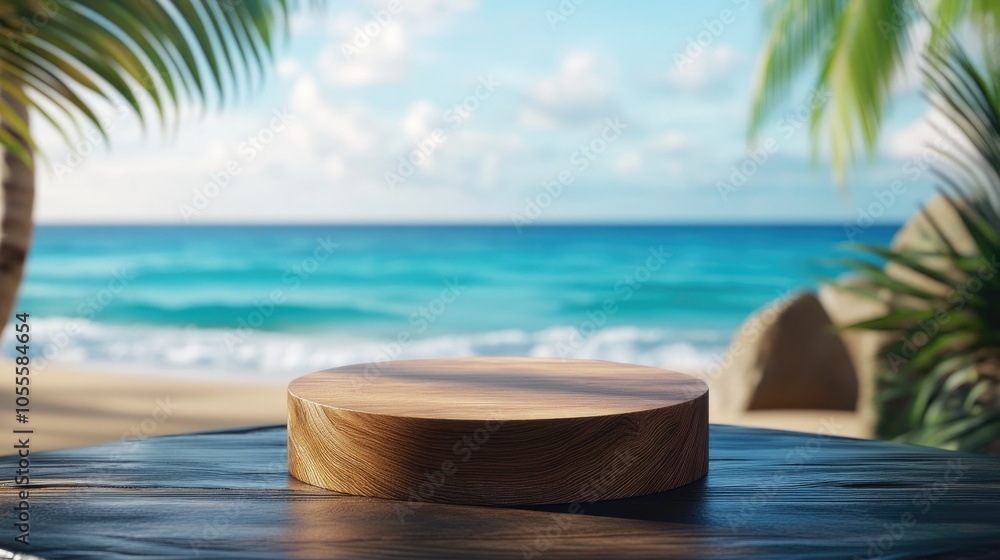 Wooden podium placed on a table with a blurred beach backdrop High quality image Wooden podium placed on a table with a blurred beach backdrop High quality image