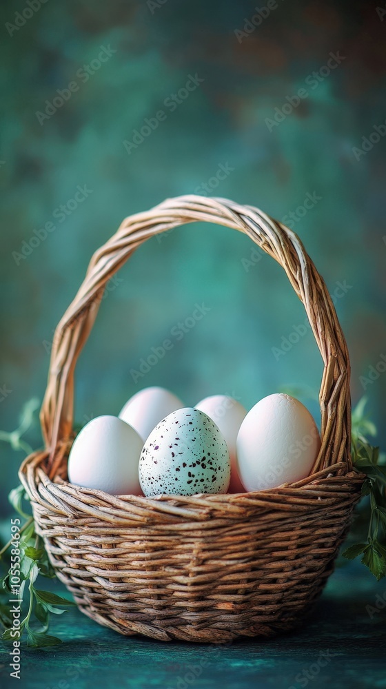 A rustic basket filled with white eggs and a speckled egg, set against a serene green background, perfect for Easter themes. A rustic basket filled with white eggs and a speckled egg, set against a serene green background, perfect for Easter themes.
