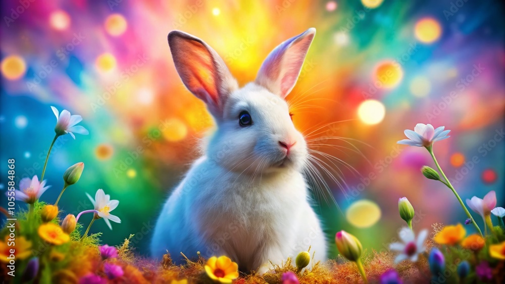 Whimsical White Rabbit Abstract Art for Summer and Spring Imagery with Vibrant Colorful Background and Copy Space
