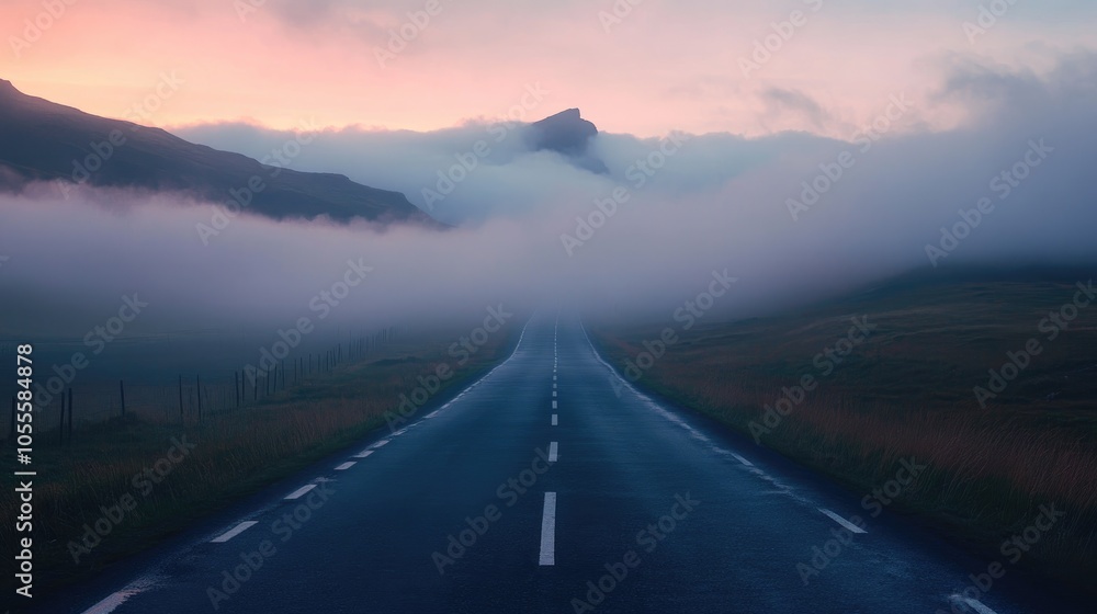 Serene road disappearing into clouds at dawn or dusk High quality imagery capturing a tranquil atmosphere Serene road disappearing into clouds at dawn or dusk High quality imagery capturing a tranquil atmosphere