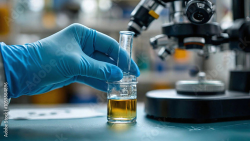 a hand in a blue medical glove holding a test tube. In the background, a microscope is visible, which is used for scientific research