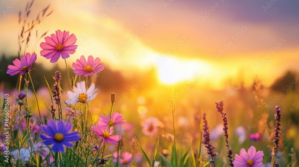 Flowers in a field with a setting sun in the background creating a vertical nature scene Flowers in a field with a setting sun in the background creating a vertical nature scene