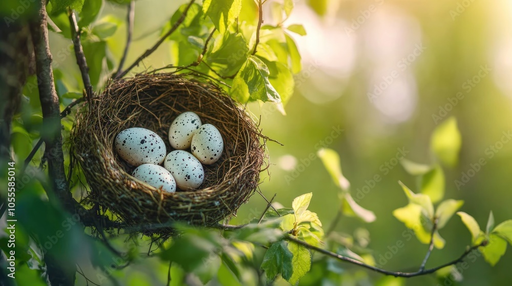 Nest with speckled eggs perched in a tree illuminated by sunlight and surrounded by green leaves Theme of nature and wildlife Nest with speckled eggs perched in a tree illuminated by sunlight and surrounded by green leaves Theme of nature and wildlife