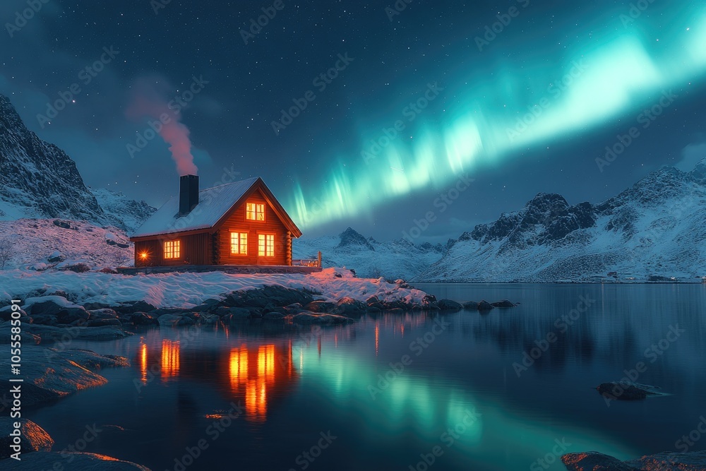 Fototapeta premium Cabin by a Lake with Northern Lights and Stars