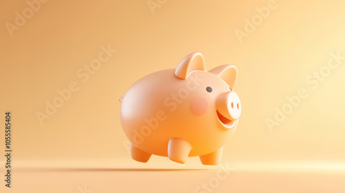 A cheerful piggy bank floats against a warm orange background symbolizing saving money and financial wellness, 3d illustration.