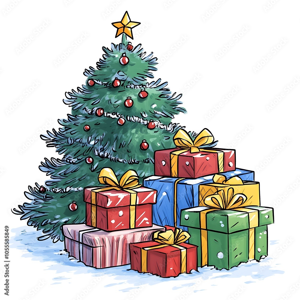 Cartoon gift-wrapped presents stacked under the tree on a white background. Cartoon gift-wrapped presents stacked under the tree on a white background.
